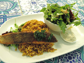 fish and chips;  salmon;  brown rice;  salad;  tartare sauce;  tank