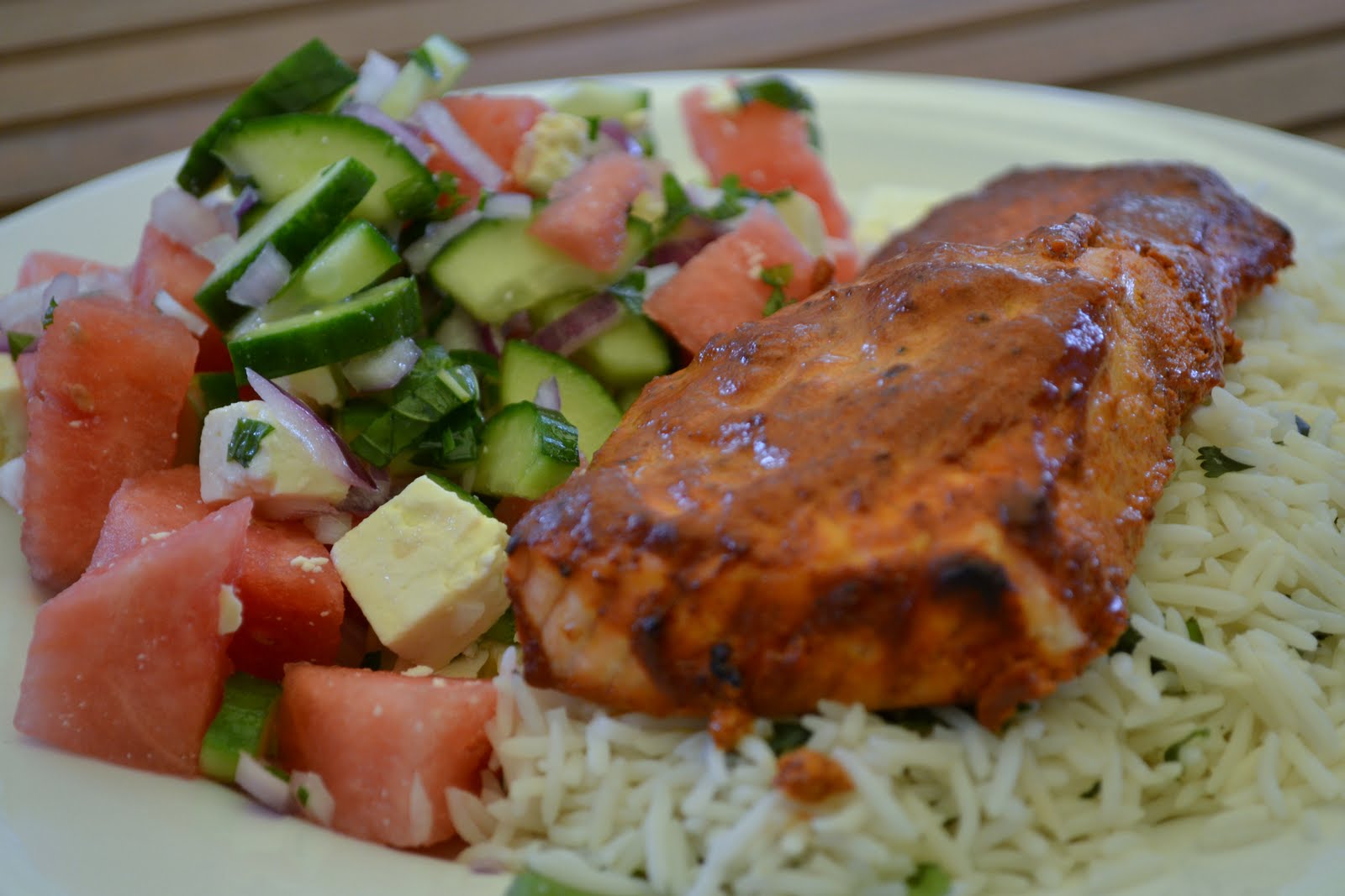 the kitchen minx Tandoori salmon on basmati rice with watermelon and fetta salad