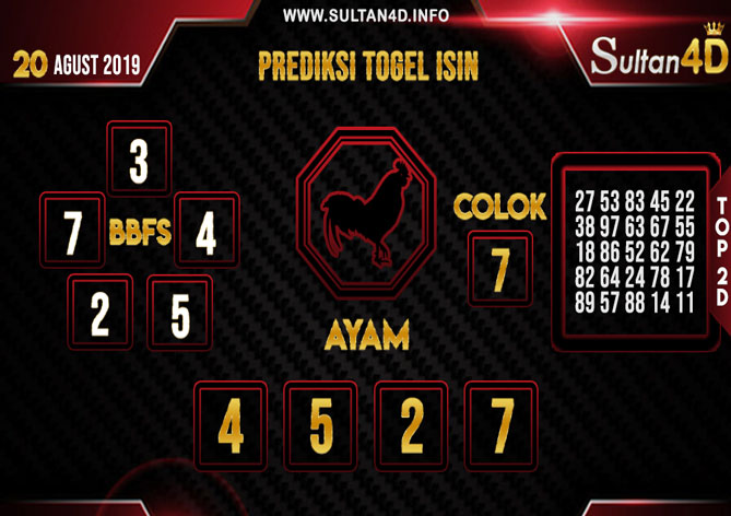 PREDIKSI TOGEL ISIN SULTAN4D 20 AGUSTUS 2019