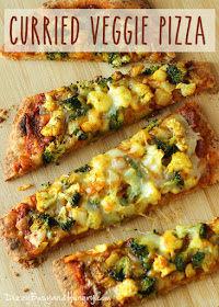 Pizza topped with curried vegetables and cheese.  A great non meat option. 