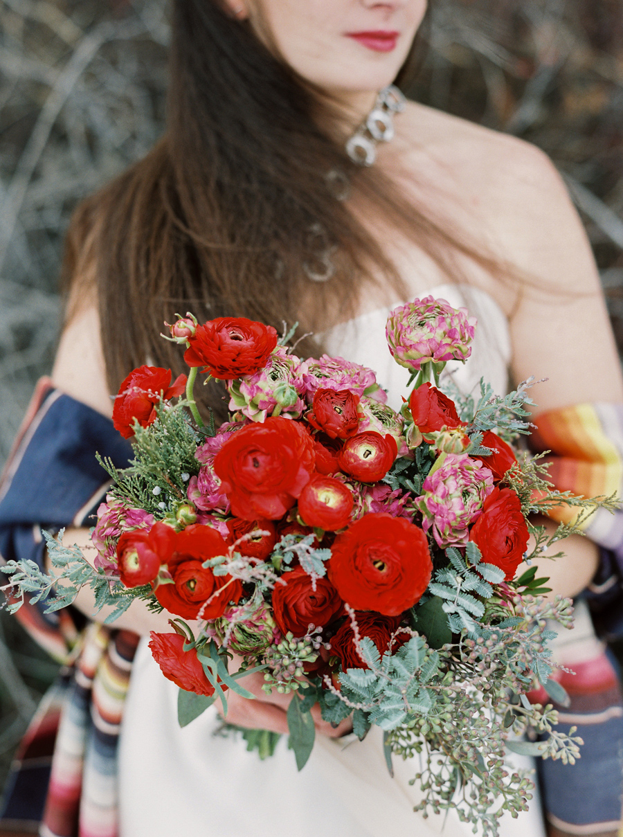 Red Ranunculus / Photography: Orange Photographie / Styling & Flowers: Katalin Green / Hair & Makeup: Alexa Mae / Dress: Coren Moore / Hat & Serape: Vintage / Necklace & Ring: Mountainside Designs / Location: Bozeman, MT 