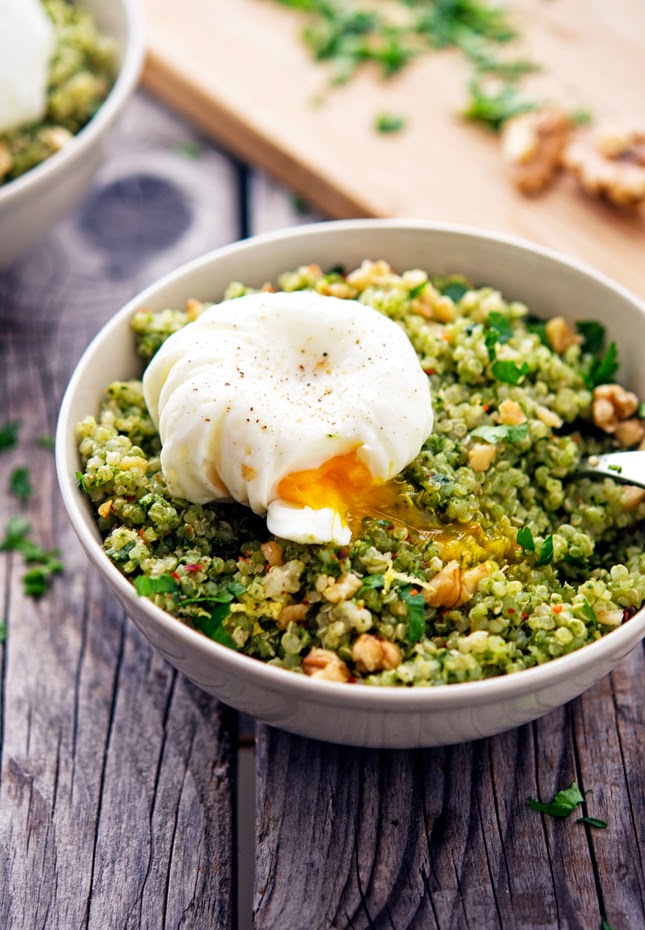 Quinoa Kale Pesto Bowls with Poached Eggs