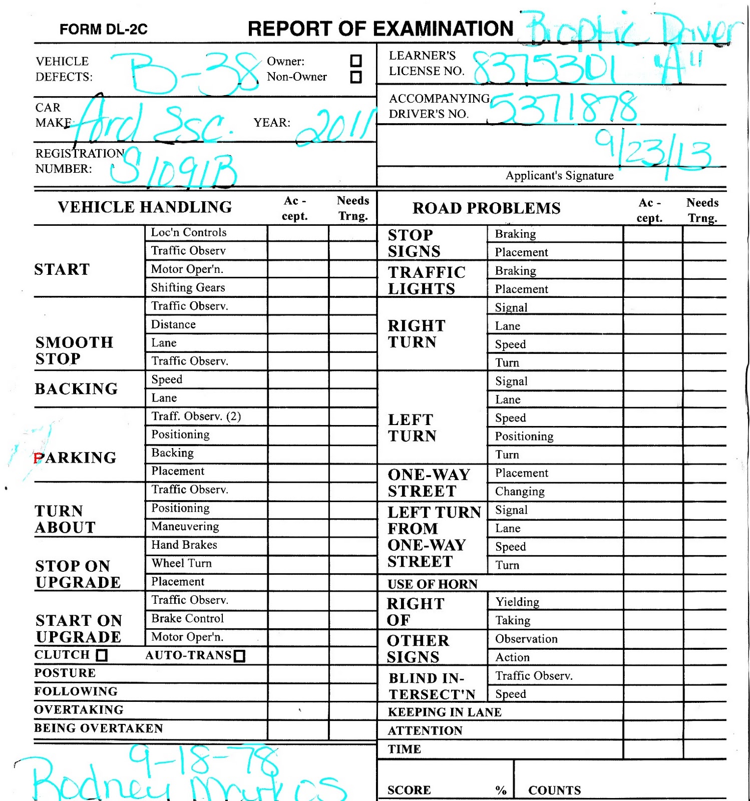 Drivers Test Scoring Sheet