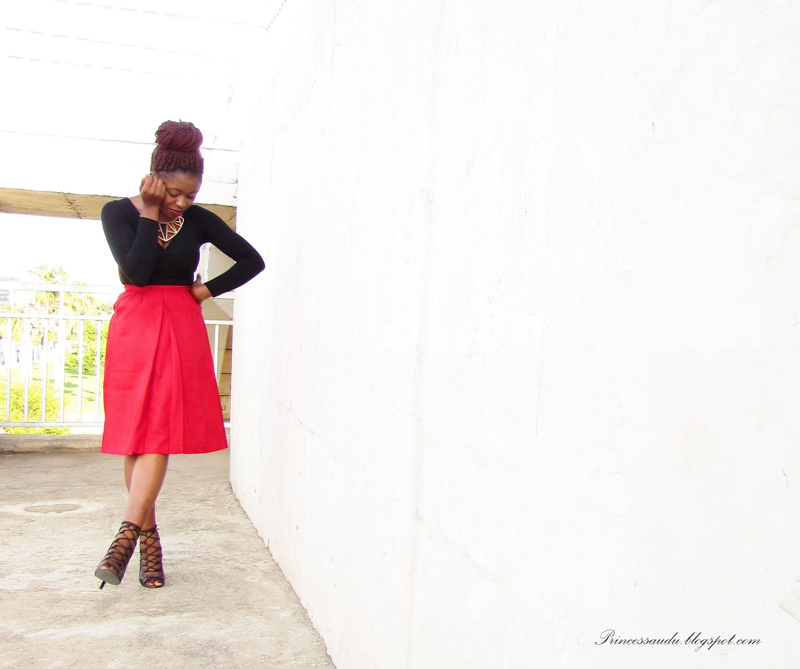how to spice up an outfit, lace-up booties, red midi-skirt, wardrobe basics