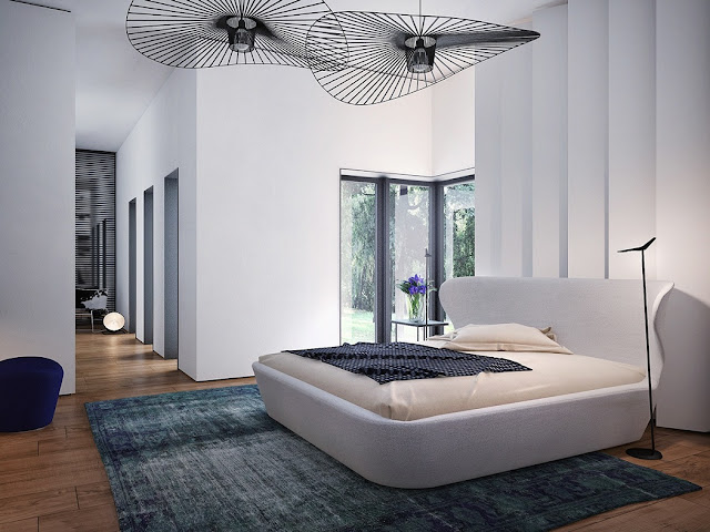 Fabulous-Bedroom-Decoration-with-Two-Modern-Ceiling-Fan-also-White-Bed-Design-Idea