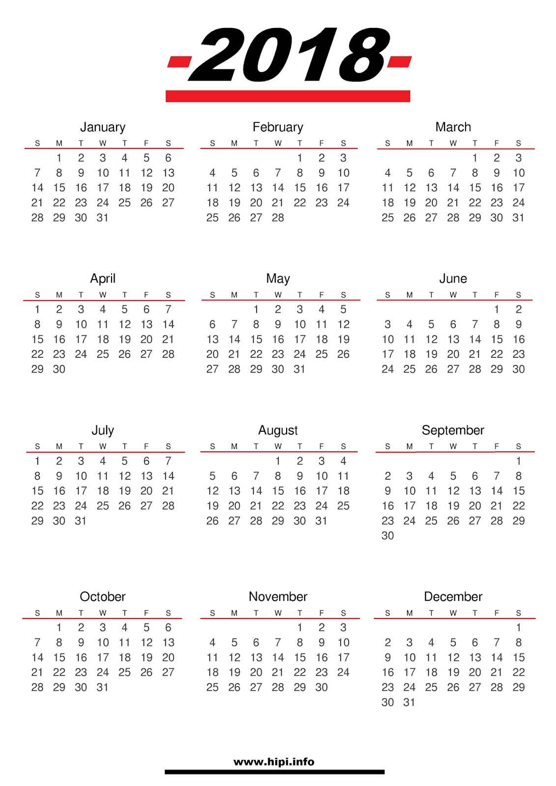 one page 2018 printable calendar