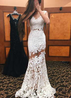  Newest Trumpet/Mermaid Scoop Neck Ivory Tulle Appliques Lace Sweep Train Open Back Prom Dresses