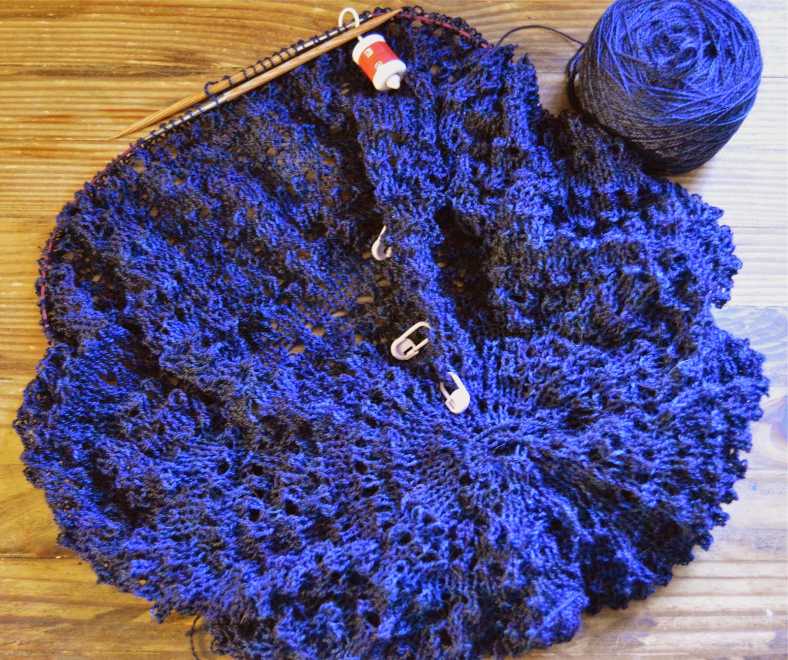 Pi Shawl An Elizabeth Zimmermann lace pi shawl knit with Tanis Fiber Arts Pink Label lace yarn.