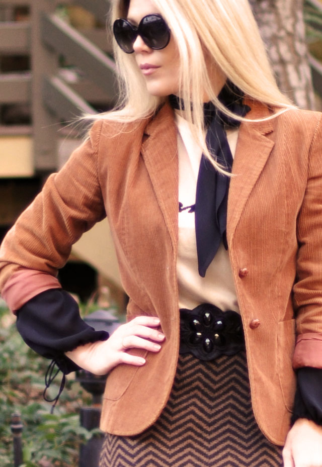 cognac and black outfit, chevron maxi skirt, bonjour sweater