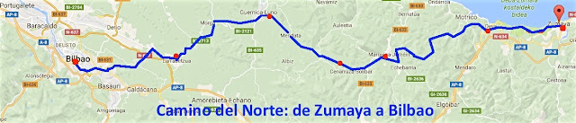 Mapa del tramo de Zumaia a Bilbao en el Camino del Norte