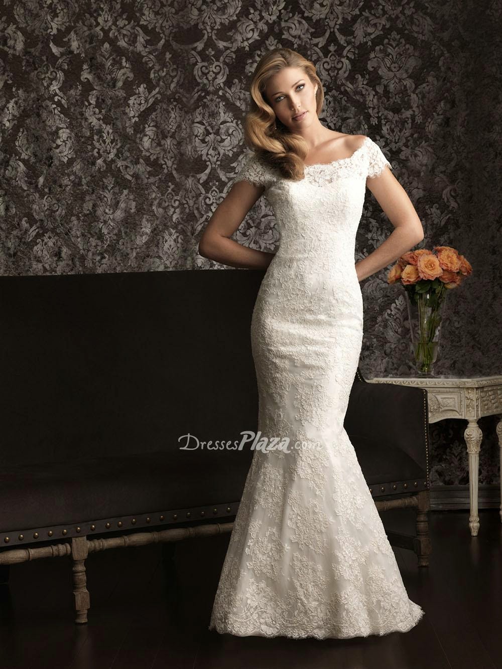 Lace Off the Shoulder Cap Sleeve Scoop Neck Slim Fitted Wedding Dress-1