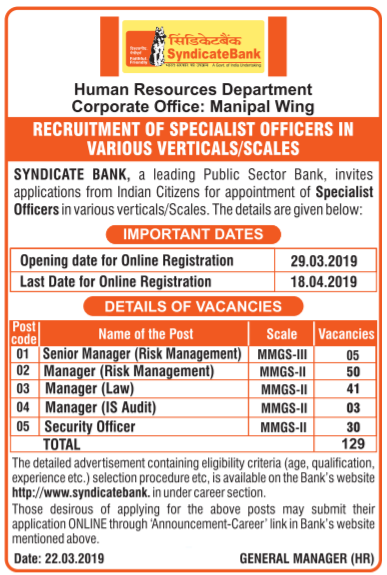 Syndicate Bank Recruitment 2019