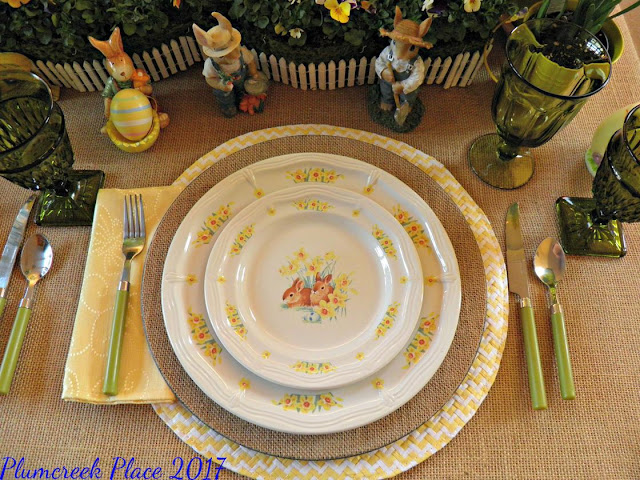 Domestications Easter daffodil and bunny dinnerware, Easter Decor burlap chargers, burlap table covering, daffodils, Domestications Bunny Plates, Easter decor, Easter tablescape, Here comes Peter Cottontail, Paper Mache Bunnies, Peter Cottontail, violas