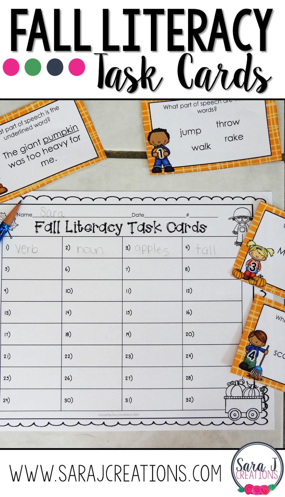 Literacy task cards are ideal for small groups, early finishers or the whole class.  Easy to implement and a fun fall theme makes it great to use seasonally. 