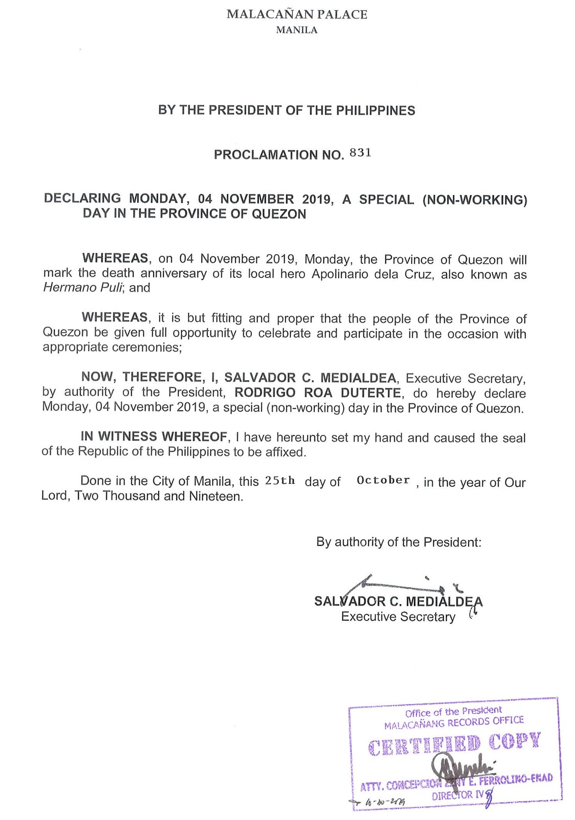 Philippine Holidays Special (NonWorking) Day in the Province of