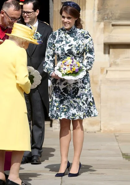 Queen Elizabeth II accompanied by Princess Eugenie of York, attended the Royal Maundy Service. Erdem Bernette floral print silk dress