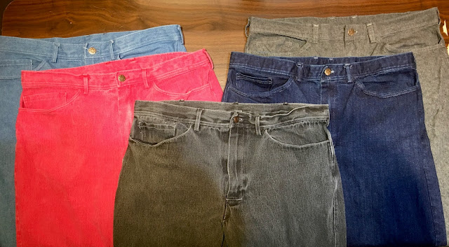 I made seven pair but these five are the best Five pair of jeans, light blue, red, dark gray, dark blue and medium gray.