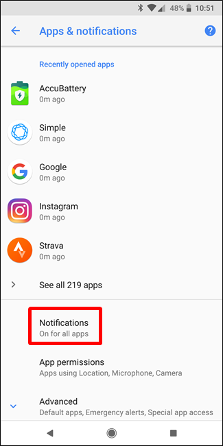 Seleziona l'opzione Notifiche Android