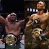 Kamaru Usman and Isreal Adesanya take pictures with their UFC belts