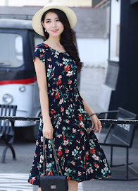 New 2018 Sweet Floral Plus Size Drawstring Waist Smooth Cotton Dress