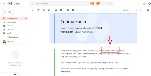 Blog Ditolak Adsense Masuk email yang menjelaskan penolakan adsense.