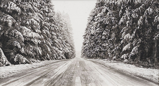 Hans op de Beeck Snow Landscape (road), 2019 Black and white watercolor on Arches paper in wooden frame 111 x 200 x 4.4 cm drawing Hans op de Beeck Snow Landscape (road), 2019 Black and white watercolor on Arches paper in wooden frame