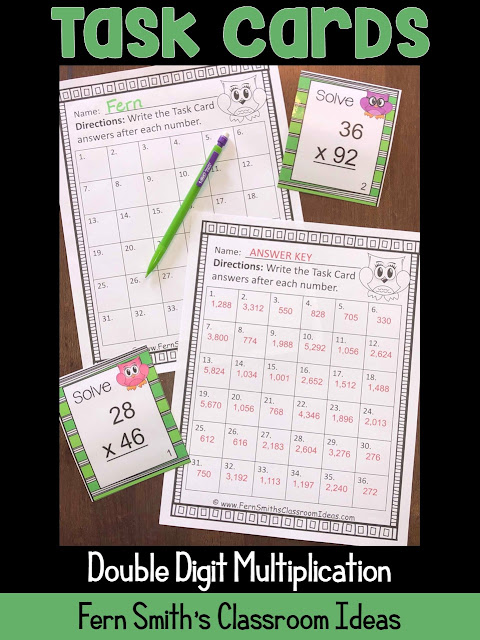 Double Digit Multiplication Task Cards, Answer Key and Recording Sheet with an Adorable Owl Theme at Fern Smith's Classroom Ideas TeacherspayTeachers store, perfect for your spring testing review.