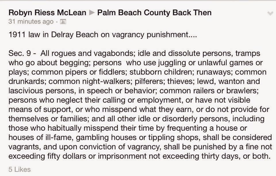 Lake Worth Beach City Limits Delray Vagrancy Law from 1911. What if this were enforced today?