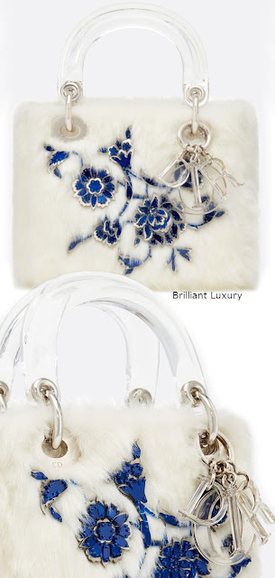 ♦Lady Dior bag, optic white color faux fur embroidered with metallic and blue flowers, designer Burçak Bingöl