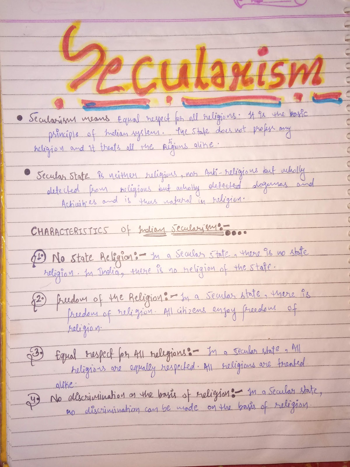 Handwritten Notes of Secularism class 11th Political Science