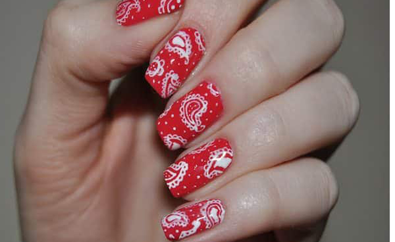 Red Bandana Nails Design : Asian elephant and paisley bandanna design. 