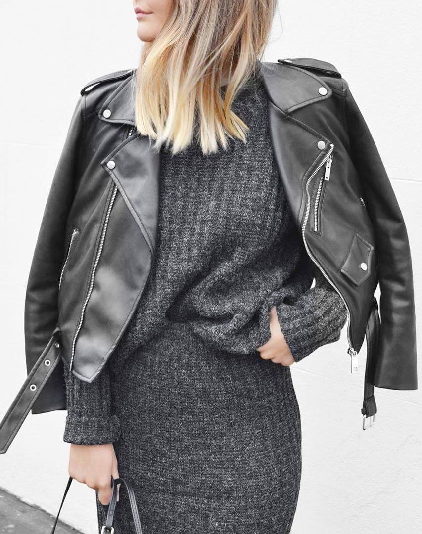 fall outfit inspiration / black biker jacket + bag + knit sweater dress