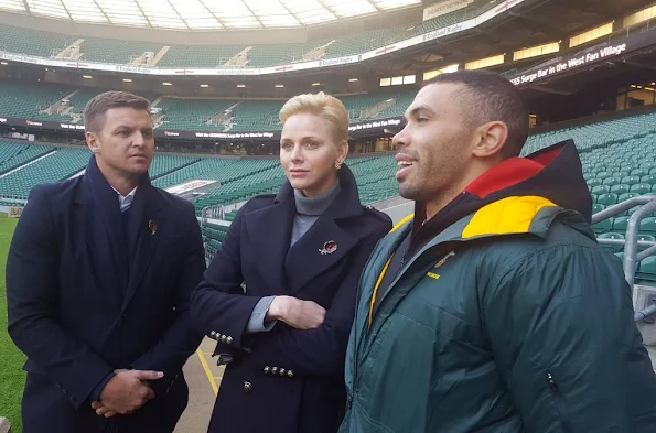 Princess Charlene, Princess Gabriella, Prince Jacques at Twickhenham rugby stadium, princess Charlene style fashion wore blue coat