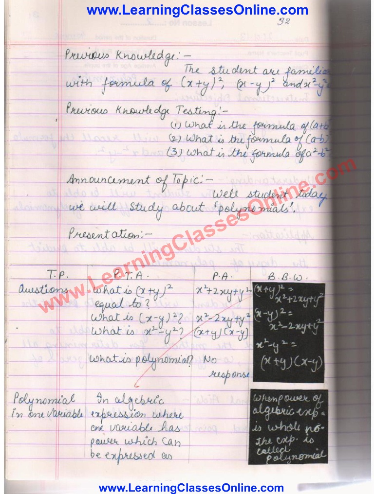 Polynomials Lesson Plan for Math