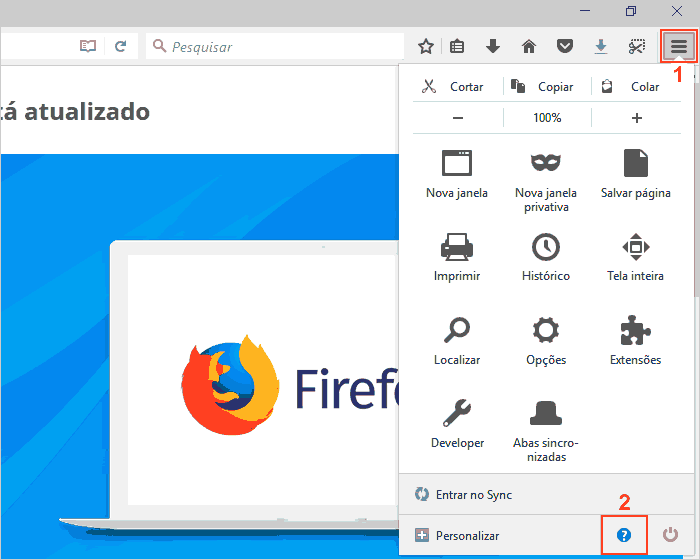 Acessando menu do Firefox e opção Ajuda