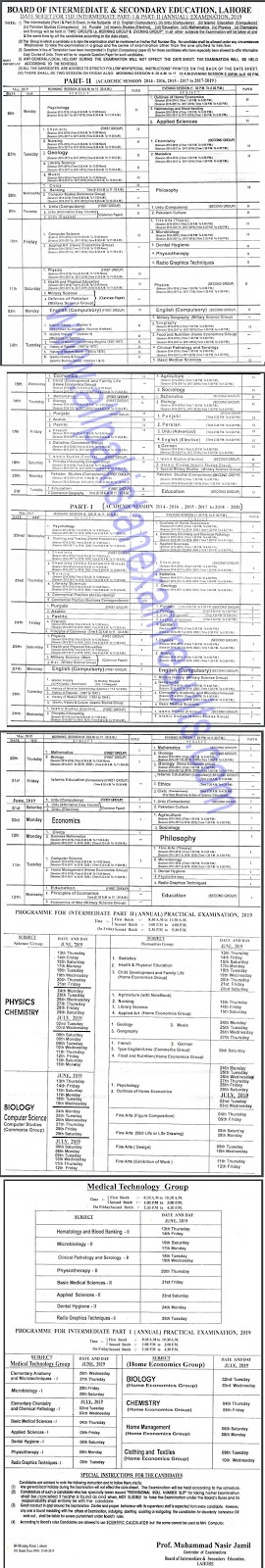 BISE Lahore Board 12th Class Date Sheet 2019