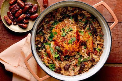 Roast Chicken With Couscous, Dates and Buttered Almonds Recipe Deglet Noors dates shine when they are cooked in chutneys Roast Chicken With Couscous, Dates and Buttered Almonds Recipe