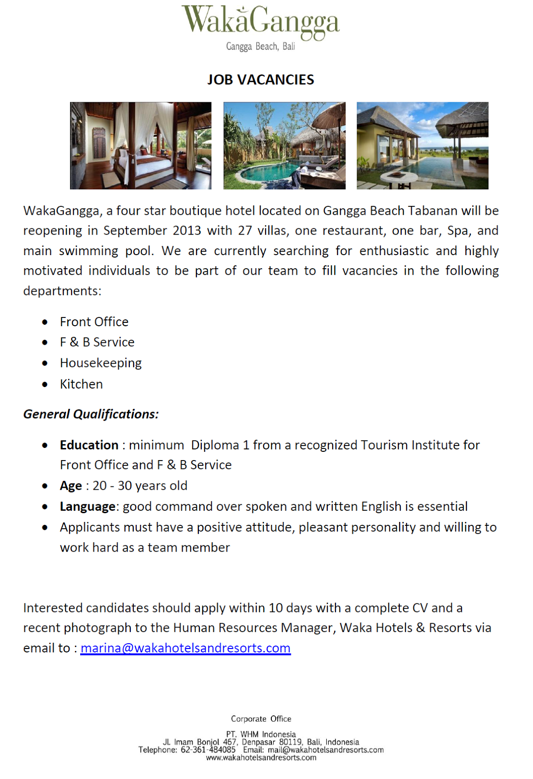 Available Job Vacancy in Waka Gangga Bali