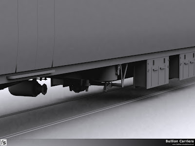 Fastline Simulation - Bullion Carriers: An in development render of the NWX Bullion Van for Train Simulator 2013. A closeup render of the underframe showing a vacuum cylinder and some of the associated brake rodding, the dynamo on the far side and two of the battery boxes.