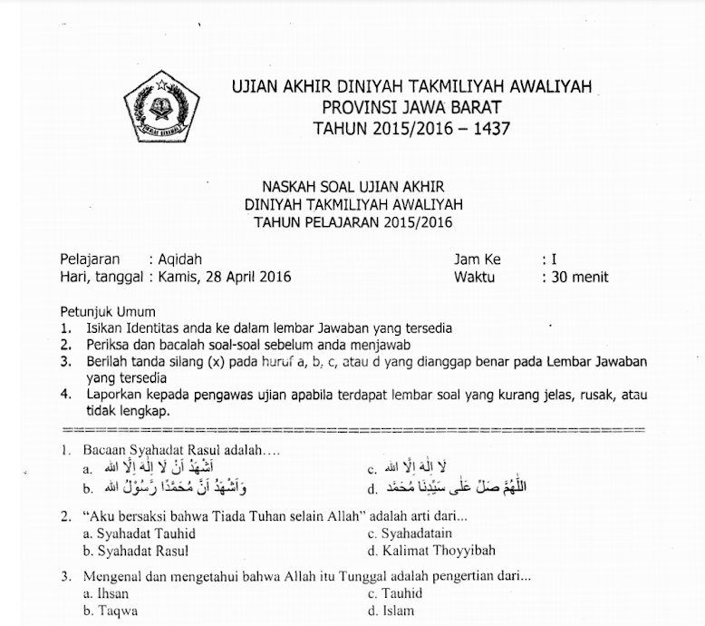 Soal Ujian Madrasah Diniyah 2020 Dunia Sosial