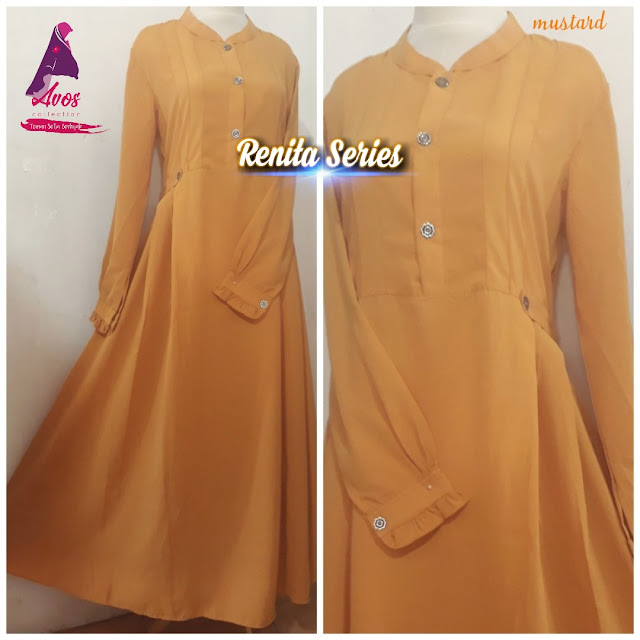 Gamis Renita series wolpeach warna mustard kancing depan Gamis Renita series wolpeach warna mustard kancing depan