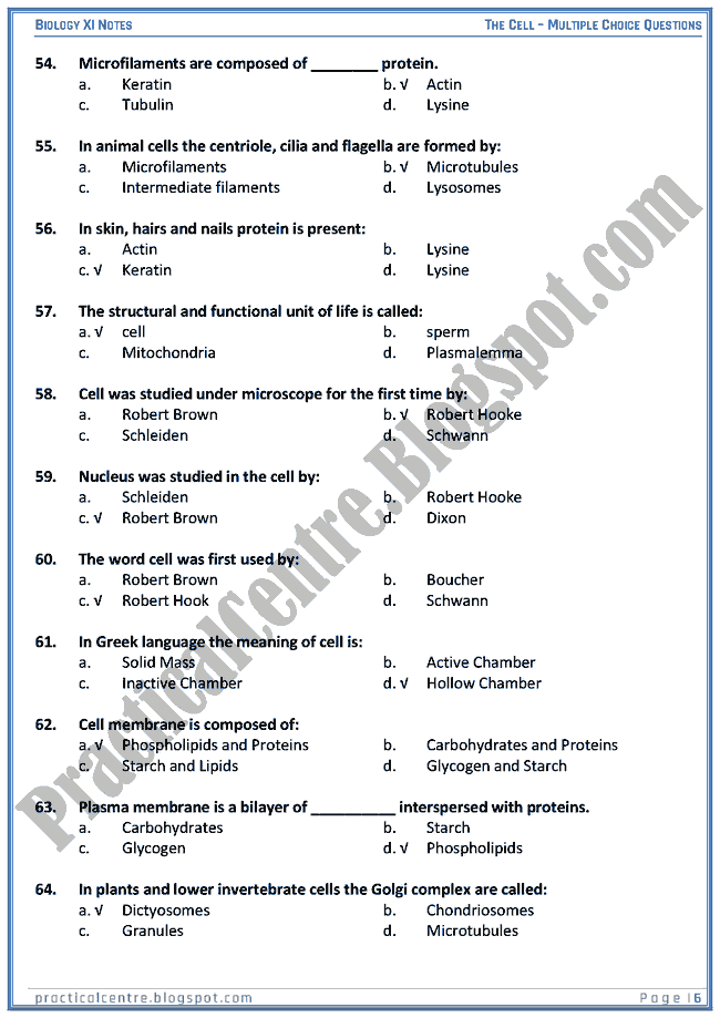 The Cell - Multiple Choice Questions (MCQs) - Biology XI