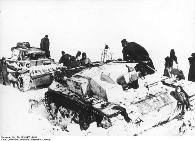 German StuG III and Panzer III in the snow, December 1941 worldwartwo.filminspector.com