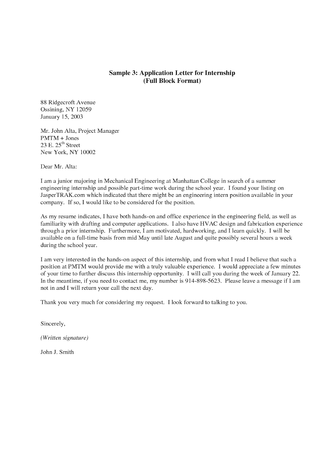 Application For Internship Sample Application For Internship Sample