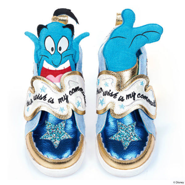 Irregular Choice Disney Aladdin kids preview blue metallic Disney Genie trainers with character puffed tongues and glitter stars