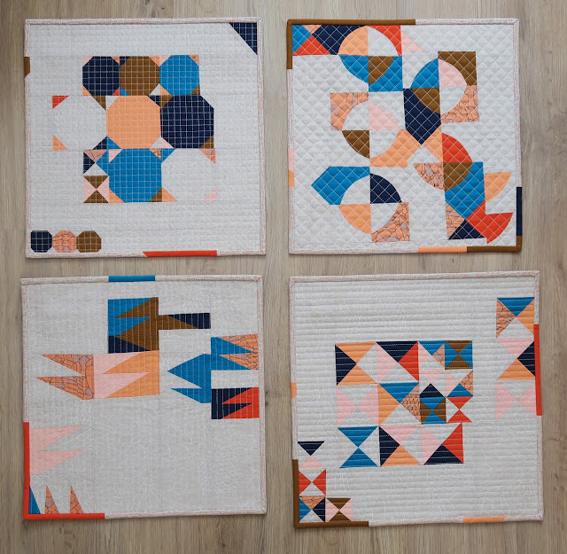 Luna Lovequilts - Four Improv mini quilts - Class samples - Carolyn Friedlander and Kona fabrics