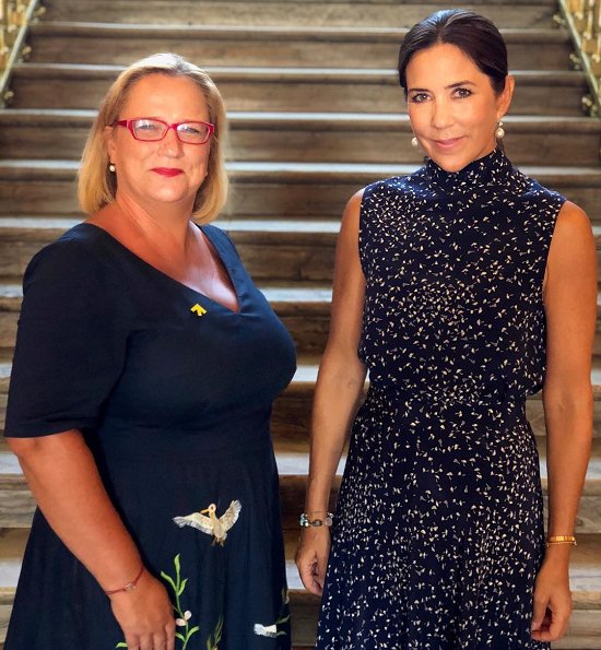 Crown Princess Mary met with Katja Iversen who is the CEO of Women Deliver at the Amalienborg Palace in Copenhagen. Blue print dress