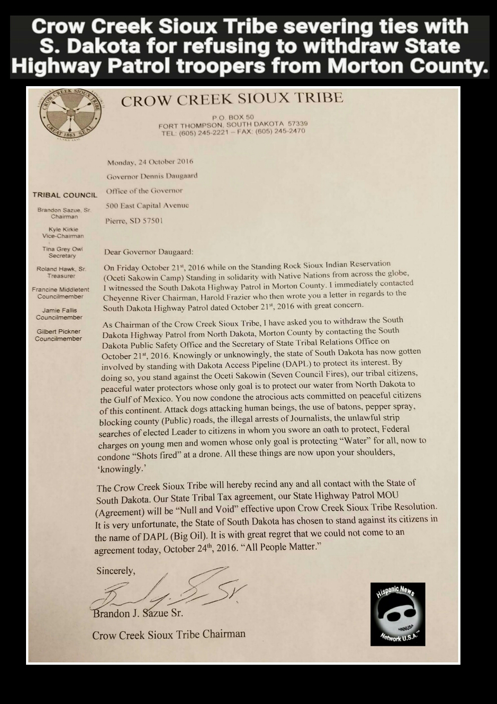 Crow Creek Sioux Tribe Severs Ties With State After Deployment Of S