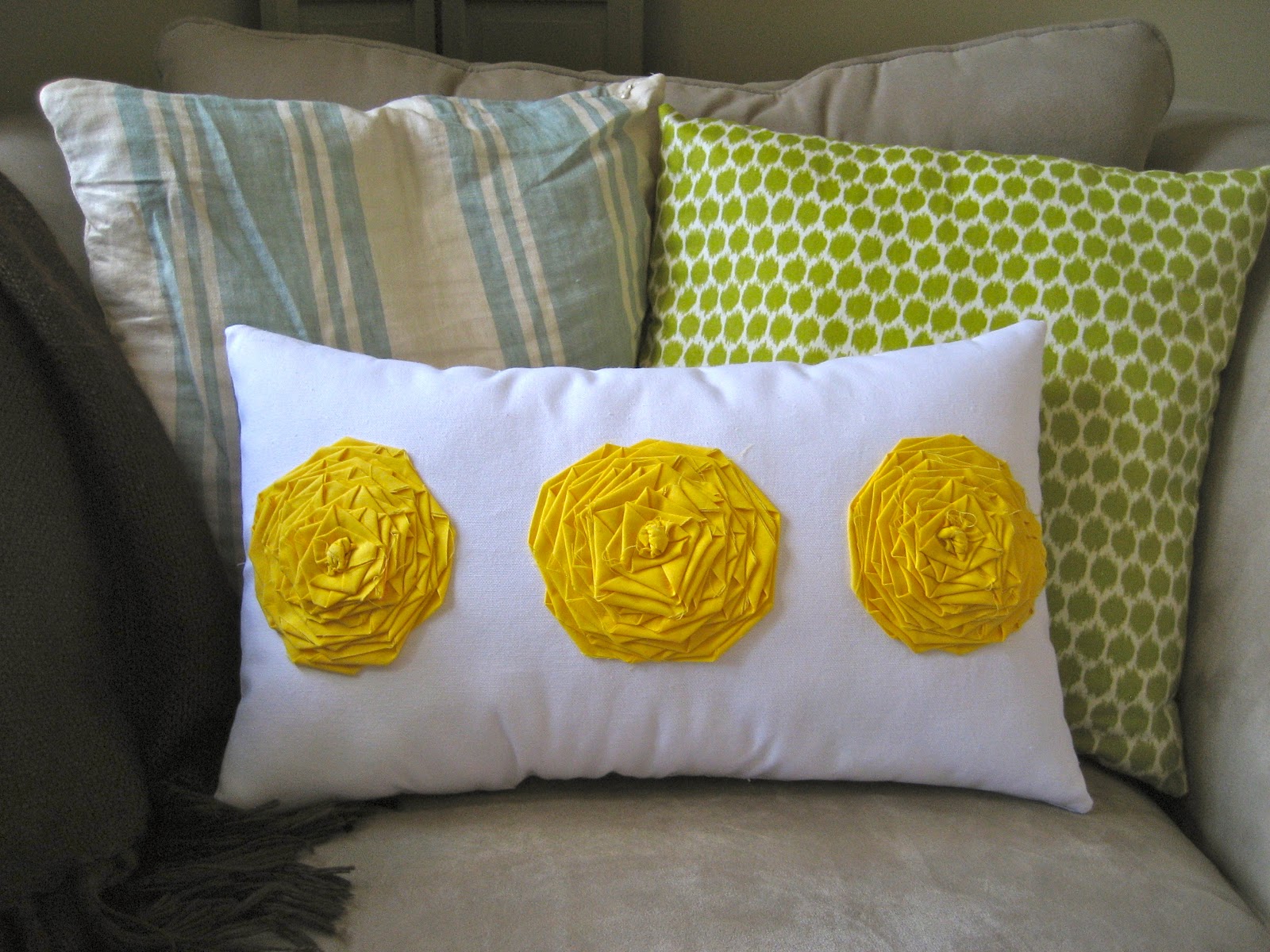 GraceAdkinsDesigns Yellow Fabric Flowers On White Lumbar Pillow