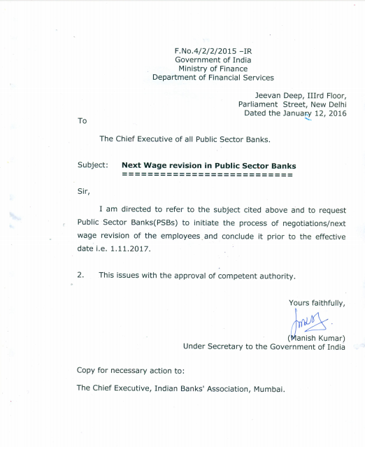 govt directed all public sector banks to initiate the process of wage negotiations process